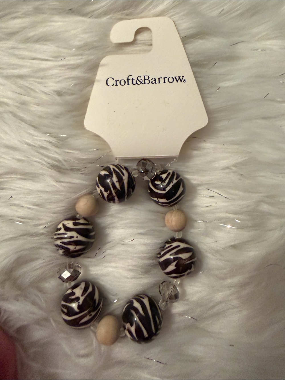 Black and White Zebra-Pattern Stretch Bracelet with Natural Beads